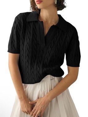 Amazon Women's Black Cable Knit Short Sleeve Polo Sweater